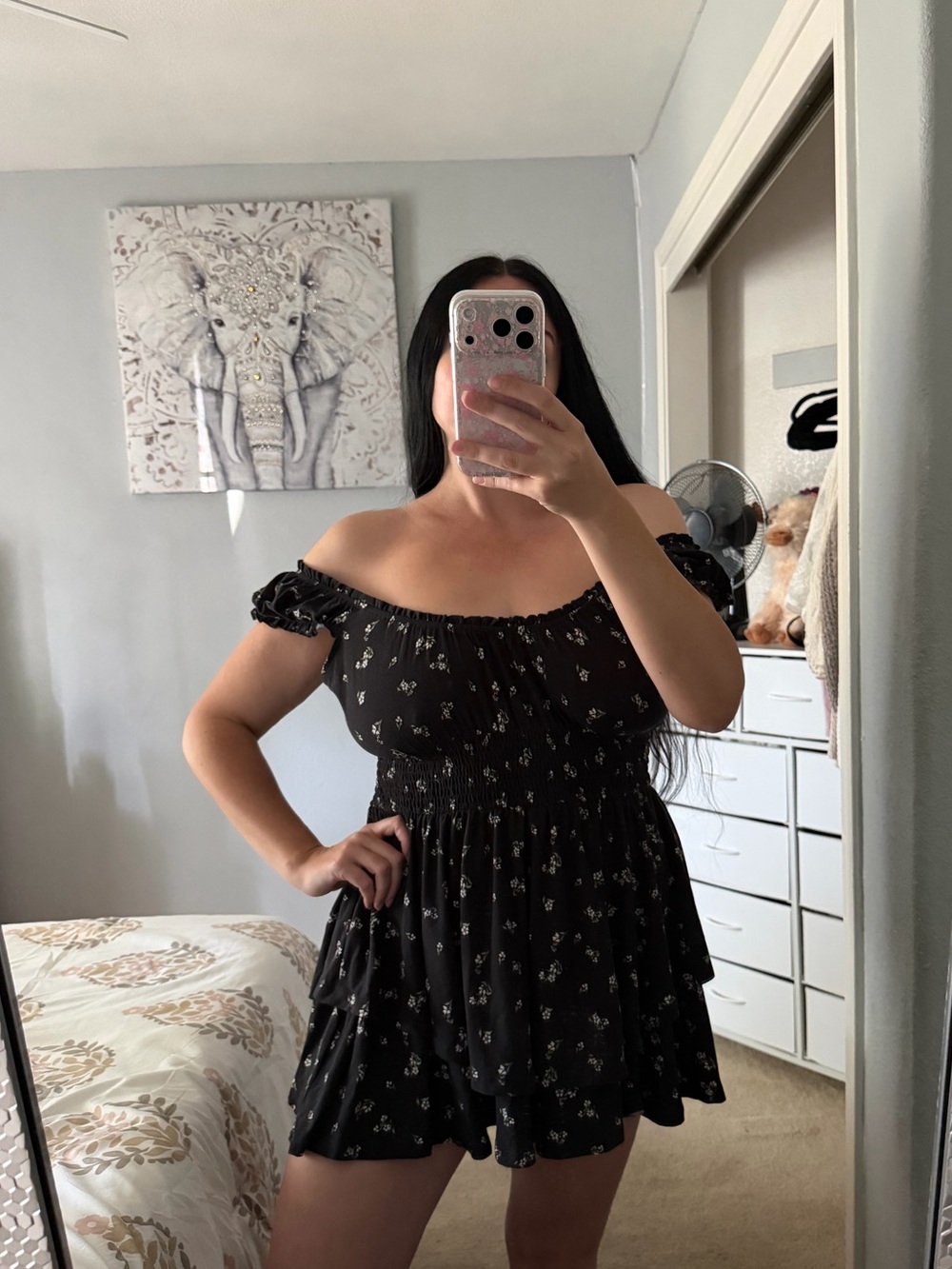 Justify Black Floral Off-Shoulder Smocked Shirred Romper L Large M Medium